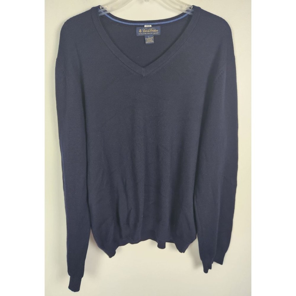 Brooks Brothers Men's Sz. L Navy V Neck Merino Wool Long Sleeve Sweater